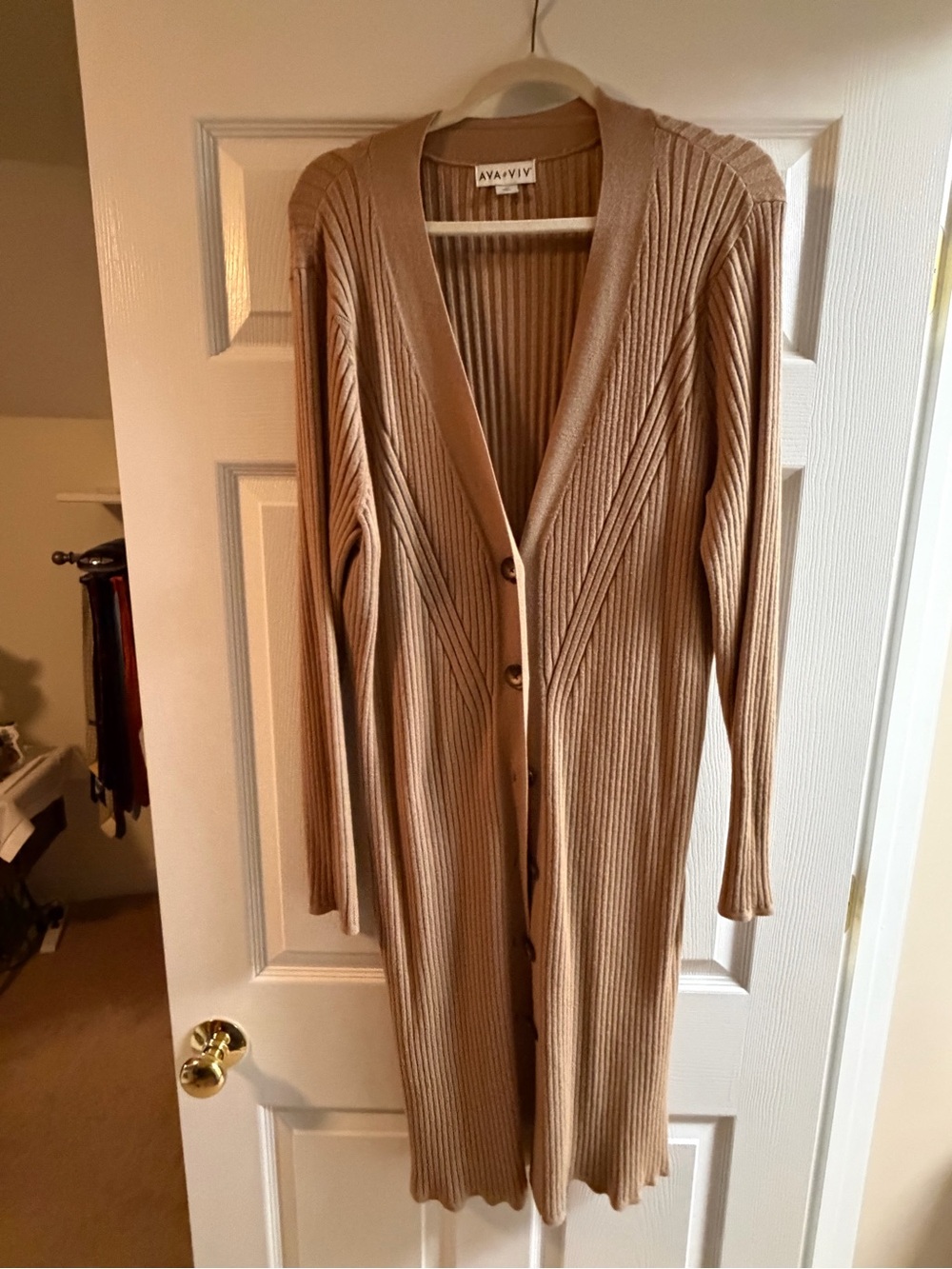 Ava & Viv Long Ribbed Button-Front Cardigan in Light Brown